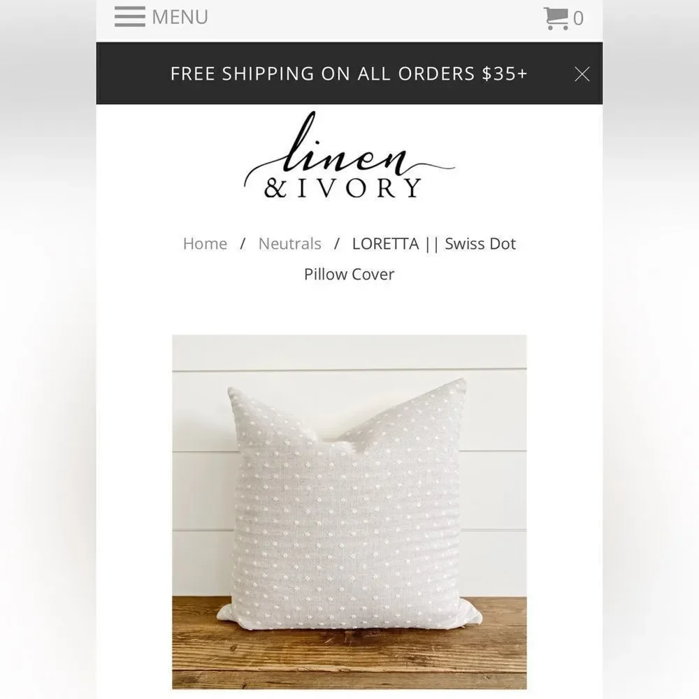 Linen & Ivory Loretta Swiss Dot Pillow Cover 12” x  18”